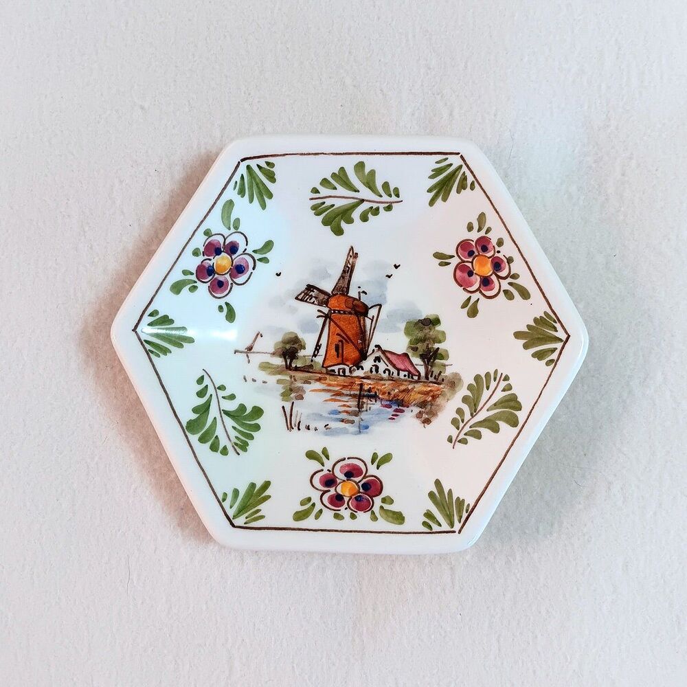 D.P. Delft Pottery Holland small plate trinket dish hexagonal 5" windmill signed